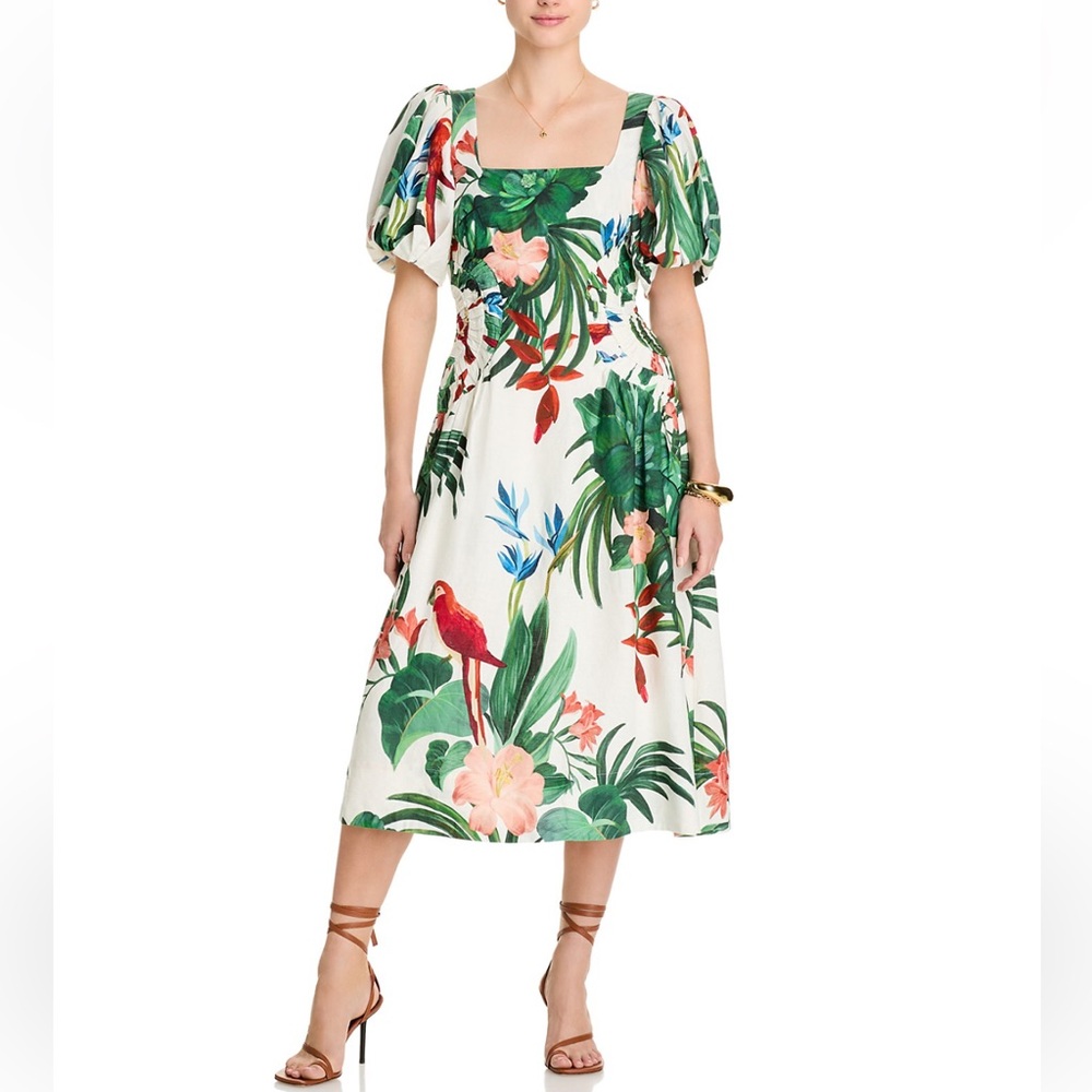 FARM Rio Midnight Macaw Linen Blend Fiesta Dress